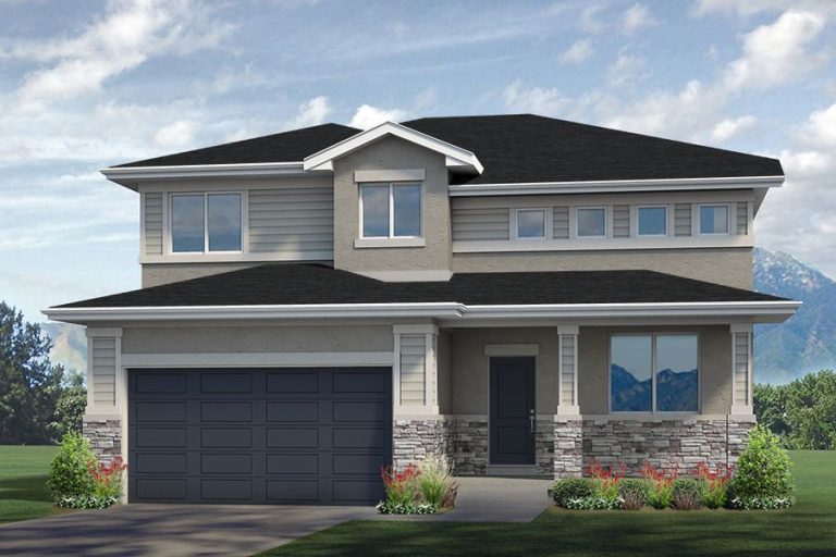 A modern two-story house with gray siding, stone accents, and a black double garage door, this stunning example of homes in Utah sits against a mountain backdrop and partly cloudy sky, with shrubs and grass enhancing the front yard.