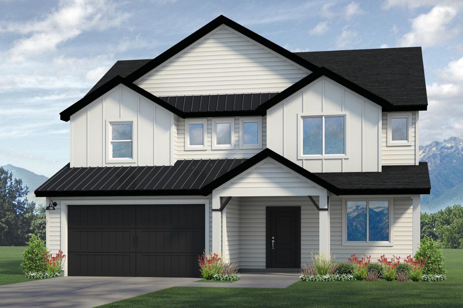 A two-story modern Fairfax house with light-colored siding, black roof, and black garage doors. Large windows, a front porch, and small bushes with red flowers line the front walkway against a backdrop of blue sky and greenery.