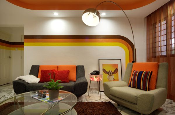 1970s living room with curved stripes on the wall