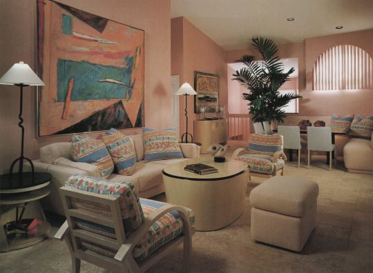 Living room with pastel colors in the 1980s