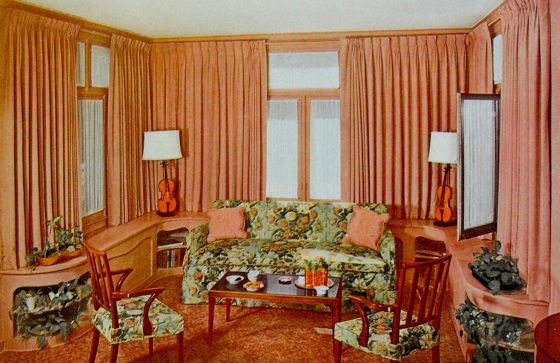 Living room in the 1940s with pleated curtains