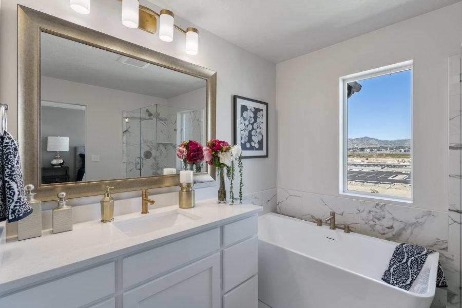 Sink with Mirror and Bathtub In Master Bathroom