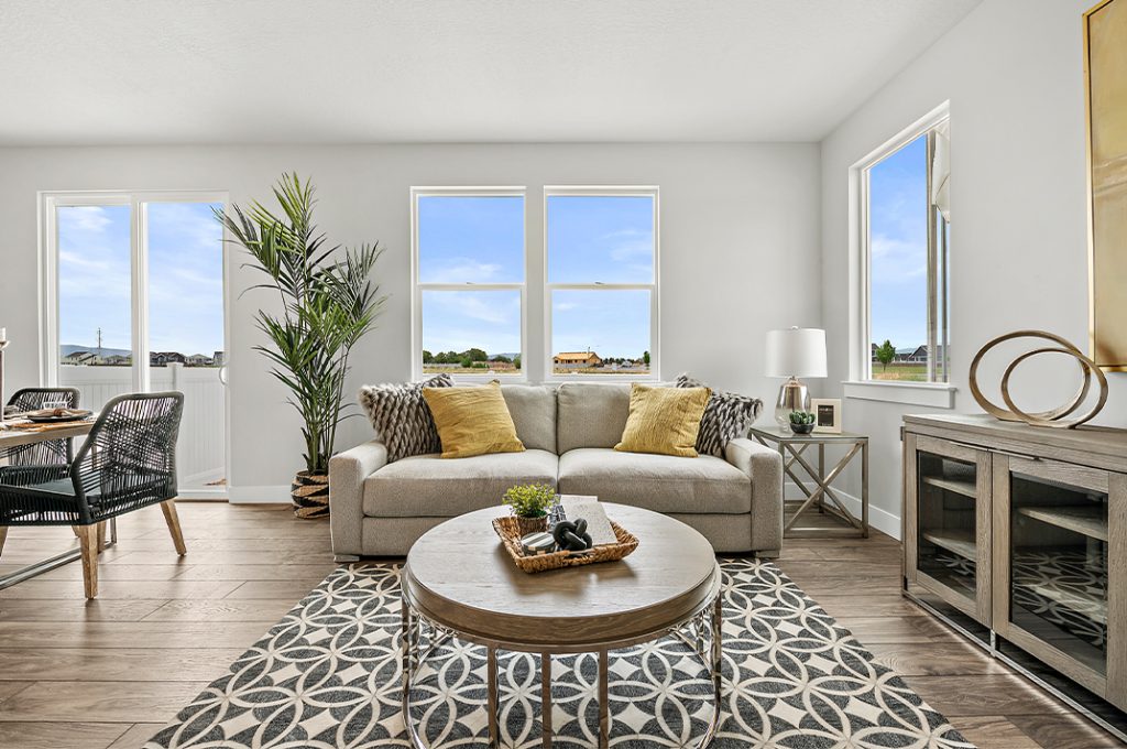 View from inside a modern style decorated living room.