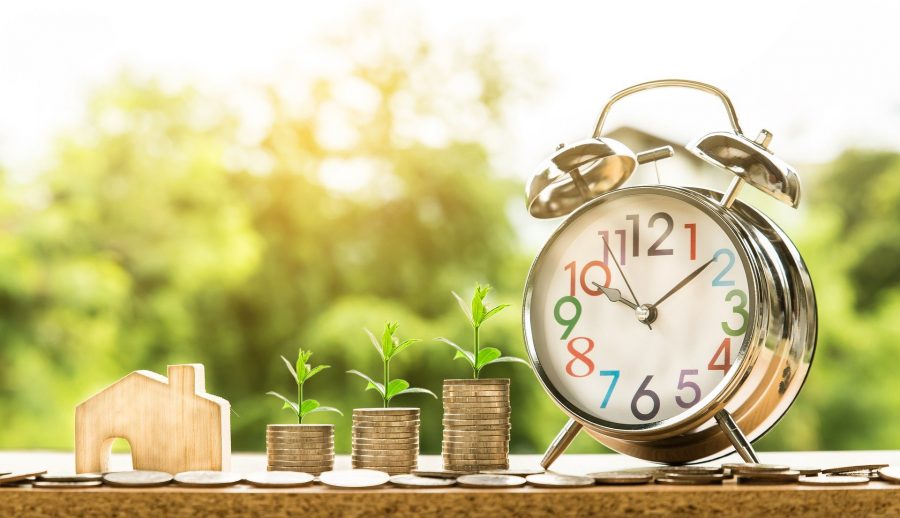 Colorful alarm clock next to plants and a toy house