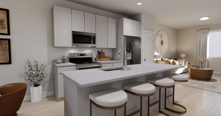 Kitchen with gray cabinets and center island from McArthur Homes