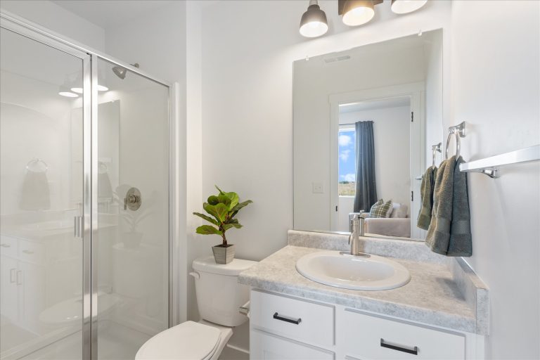 A bright, modern bathroom with a glass shower, white vanity with sink, mirror, potted plant on the toilet, towel rack with green towels, and natural light coming through the window.