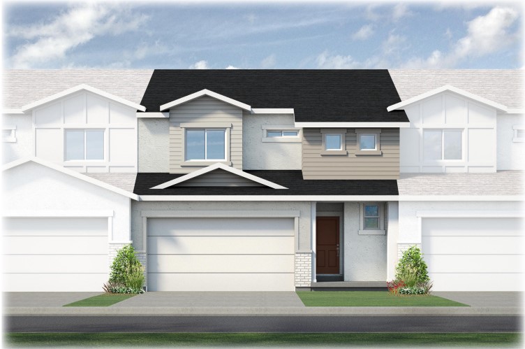 Digital rendering of a modern two-story townhouse with a double garage, small front lawn, and dark roof—showcasing the style of homes in Utah. The central unit is in color, while adjacent units are faded in the background.