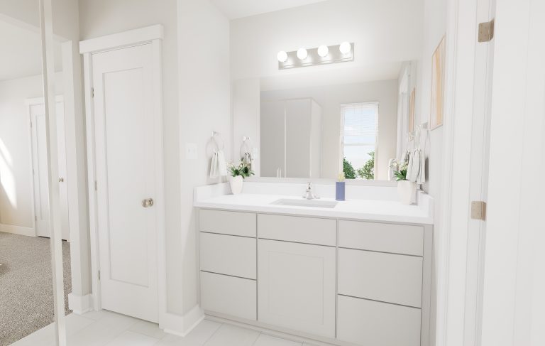 Bright, modern bathroom found in many homes in Utah, featuring a large mirror, white countertop, light gray cabinets, a potted plant, and a wall-mounted light fixture above the mirror. Doorways lead to adjacent rooms.