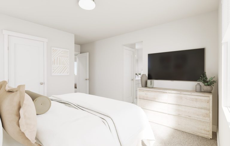 A bright, minimalist bedroom with white walls and bedding, a light wood dresser with decorative vases, a large wall-mounted TV, and abstract wall art next to a closed door—perfectly capturing the modern style of homes in Utah. Natural light streams in from a window.