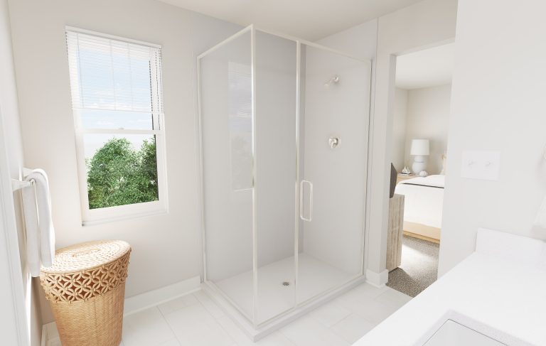 Bright bathroom with a glass shower enclosure, a wicker laundry basket by the window with blinds, and a view into a cozy bedroom—perfect for those seeking stylish homes in Utah.