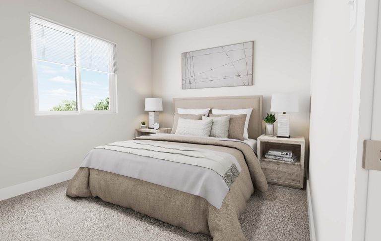 A bright, modern bedroom inspired by homes in Utah, featuring a beige bed, neutral bedding, two wooden nightstands with lamps, a small plant, and large abstract artwork above the headboard. A window lets in natural light.