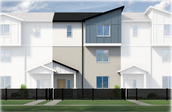 Modern three-story townhouse with white and gray siding, black roof accents, large blue-gray section on the upper floor, and a black horizontal slat fence in front; a stylish example of contemporary homes in Utah with grass and shrubbery lining the entrance.