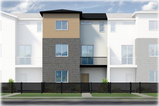A modern three-story townhouse with white, gray, and tan exterior walls, large windows, a balcony, and a black horizontal fence in front—an example of stylish homes in Utah set against a blue sky with clouds.