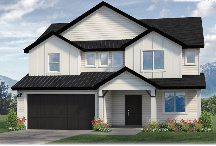 A two-story modern house with white siding, black roof, and trimmed bushes in front—typical of stylish homes in Utah. Large windows brighten the space, while a black garage door and green lawn complete the look under a partly cloudy sky.