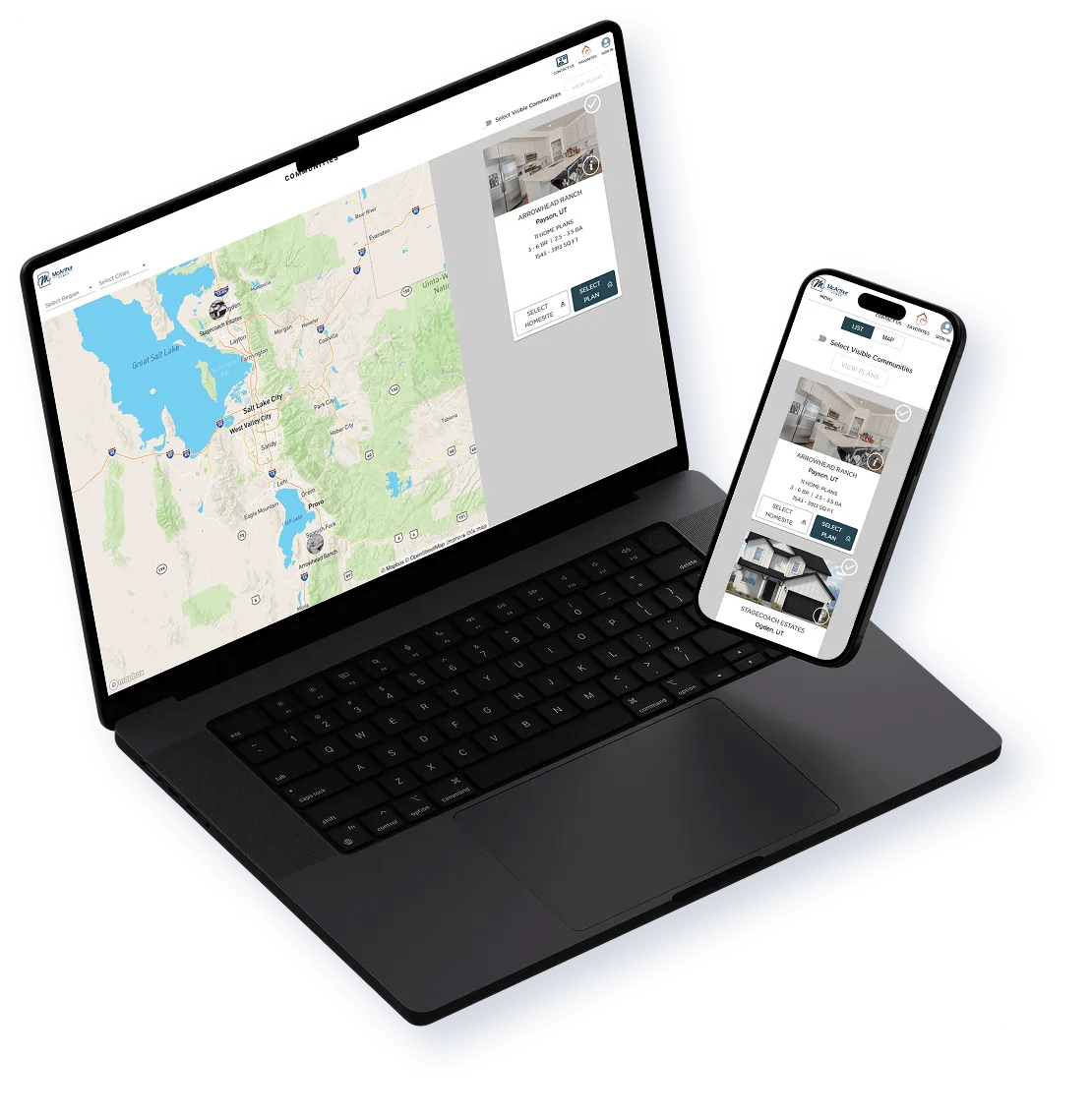 A laptop and a smartphone display a property rental website; the laptop screen shows a map with homes in Utah, while the phone presents property details and images.