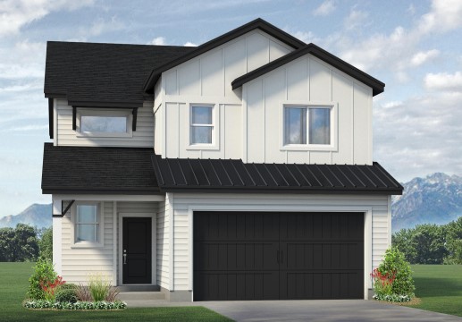 Two-story modern house with white siding, black roof, and large black garage door. Small front porch, windows on both floors, and a landscaped yard with green grass and shrubs—ideal for those seeking homes in Utah with mountain views.