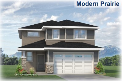 A two-story house with a modern prairie style, featuring gray siding, white trim, a double garage, stone accents, and a landscaped front yard—perfect for those seeking beautiful homes in Utah with mountain views.