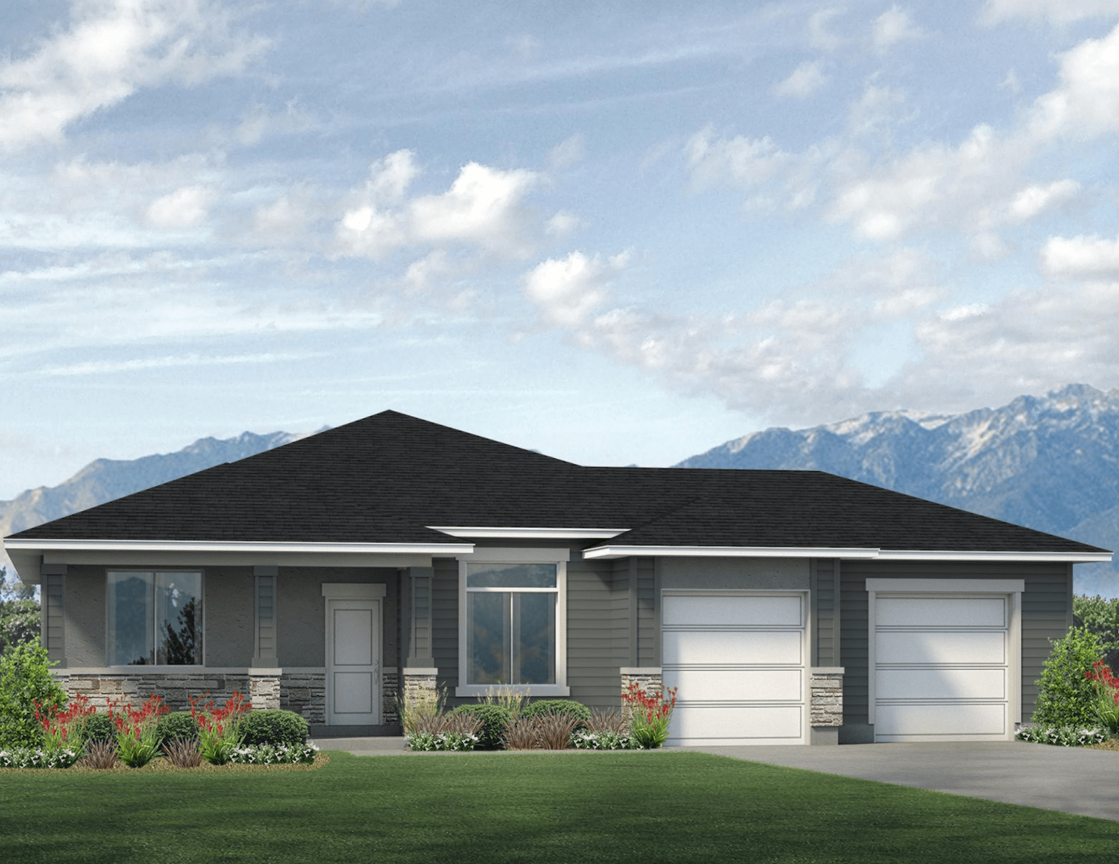Single-story modern house with a dark roof, gray siding, stone accents, large windows, and a double garage. There are green lawns, shrubs, and mountains in the background beneath a partly cloudy sky.