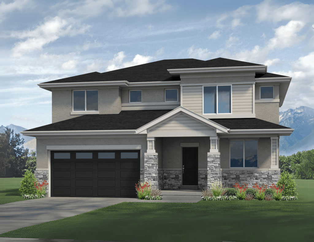 A modern two-story Fairfax house with a dark roof, light-colored walls, stone accents, and a double garage. Shrubs and flowers line the front, with beautiful mountains visible in the background.
