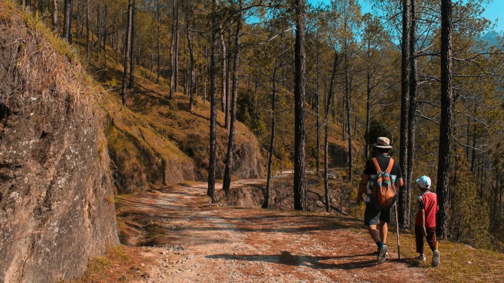 Two people walking along a dirt trail through a mountainside, surrounded by trees and rocky terrain.