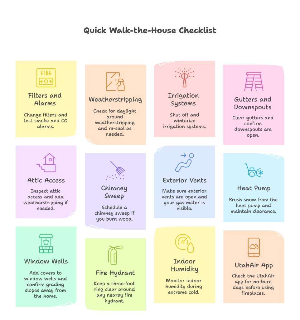 A colorful Quick Walk-the-House Checklist with icons and tips for home maintenance, including filters, weatherstripping, irrigation, gutters, attic access, chimney, vents, heat pump, windows, fire hydrant, indoor humidity, and UtahAir app.