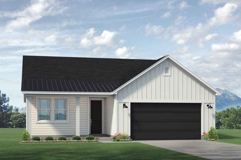 Single-story modern farmhouse with white vertical siding, black roof, double garage doors, front porch with columns, manicured lawn, and clear blue sky with light clouds in the background.