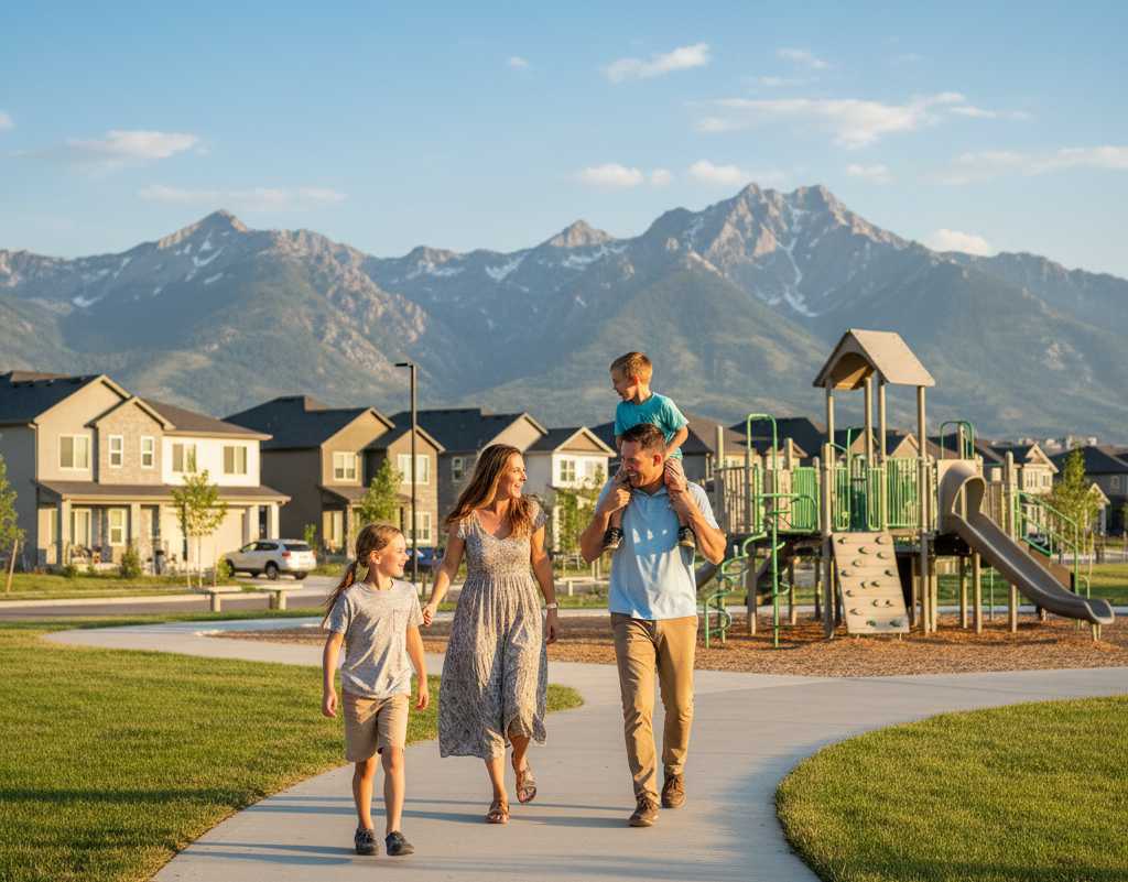 A family of four walks on a path near a playground, with the father carrying a child on his shoulders. New construction homes in Utah and a mountain range are visible in the background under a clear sky.