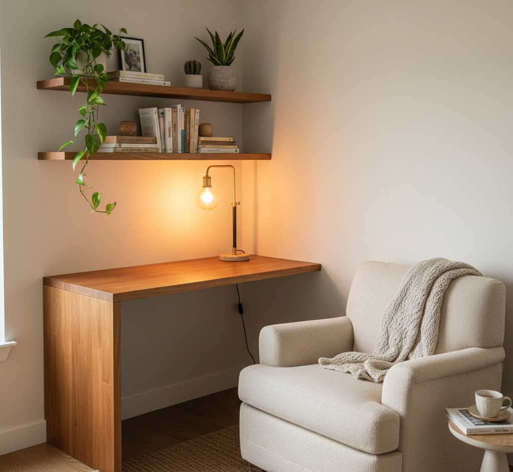 Cozy home office layout with built-in desk and warm lighting