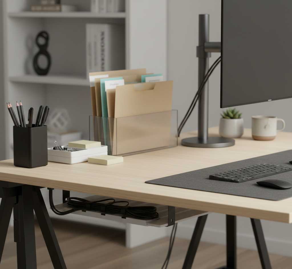 Desk organization ideas and cable management for productive home office