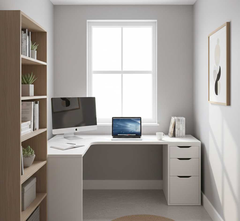 Maximizing space with L-shaped desk and vertical storage