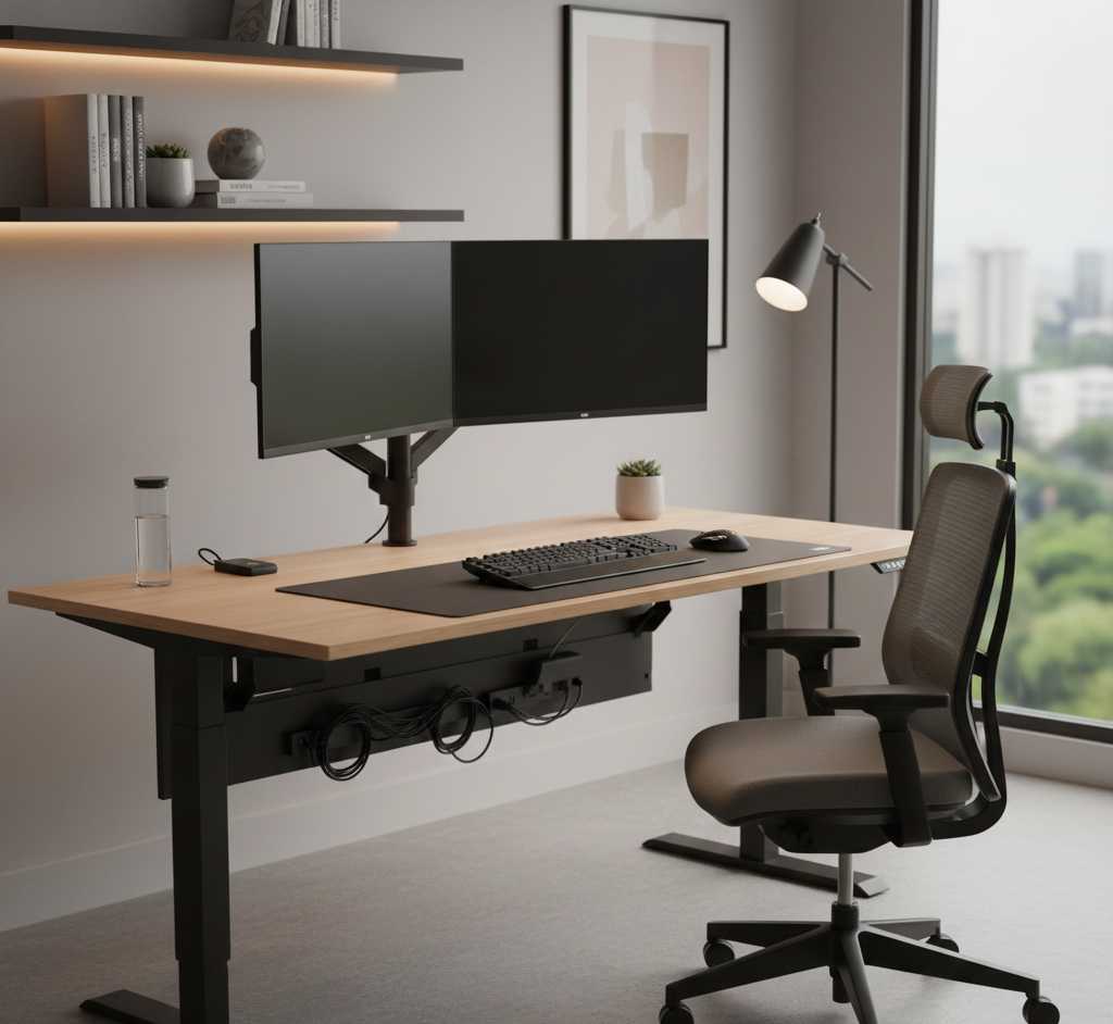 Standing desk home office setup with dual monitors and ergonomic design