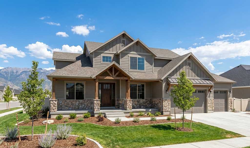 New construction Utah home featuring 2026 design trends with warm exterior finishes