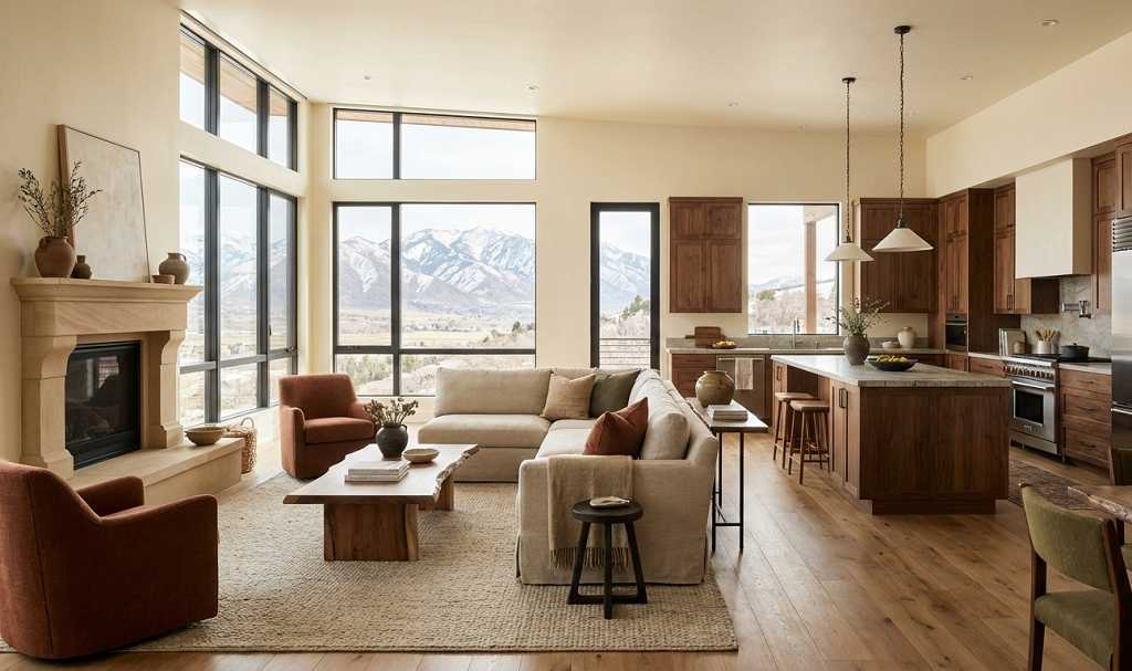 Open concept kitchen showcasing 2026 home trends with natural wood accents