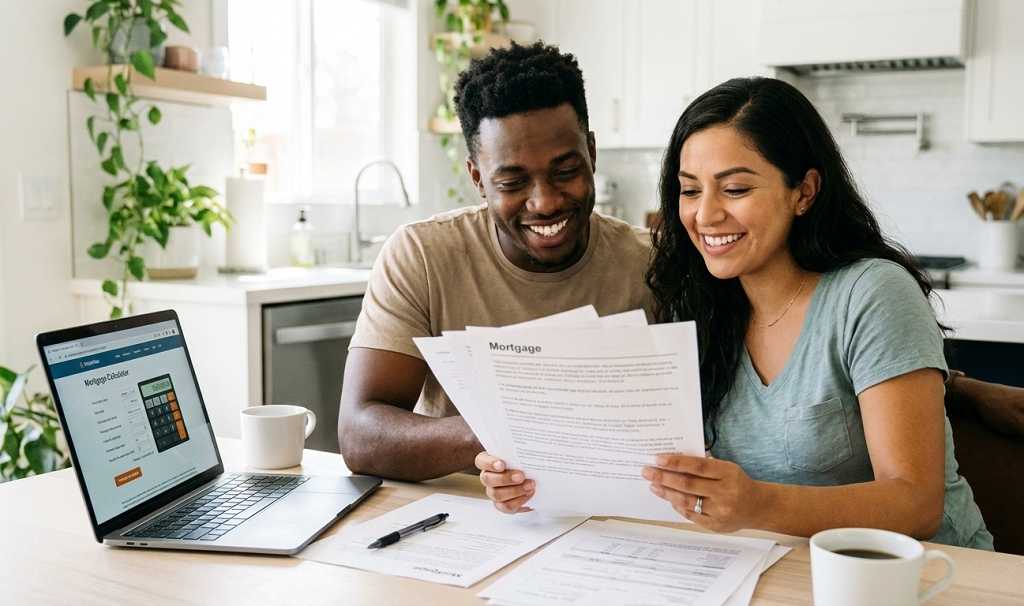 First-time homebuyers reviewing mortgage pre-approval documents for 2026 purchase