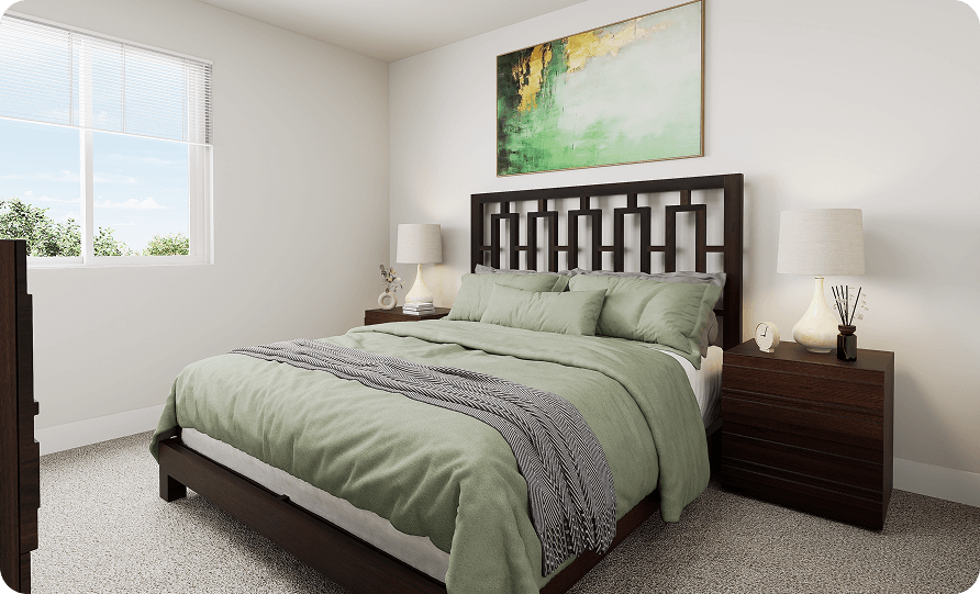 A green bed in a dark wooden frame.