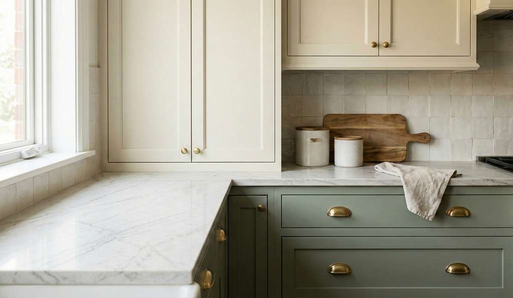 Kitchen island with waterfall quartz countertop showcasing 2026 countertop trends