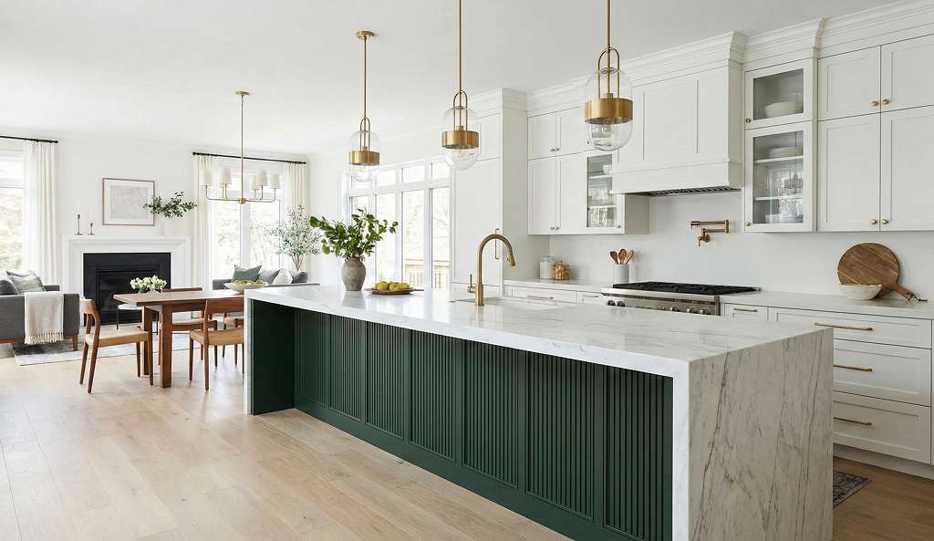 Two-tone kitchen design with light upper cabinets and deep green island