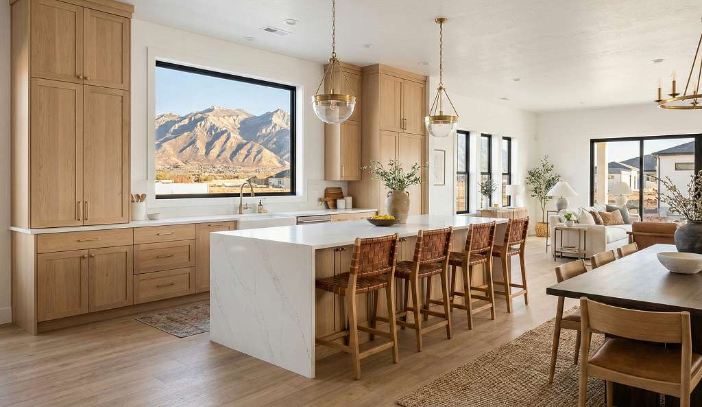 Utah new home kitchen design with oversized island and modern finishes