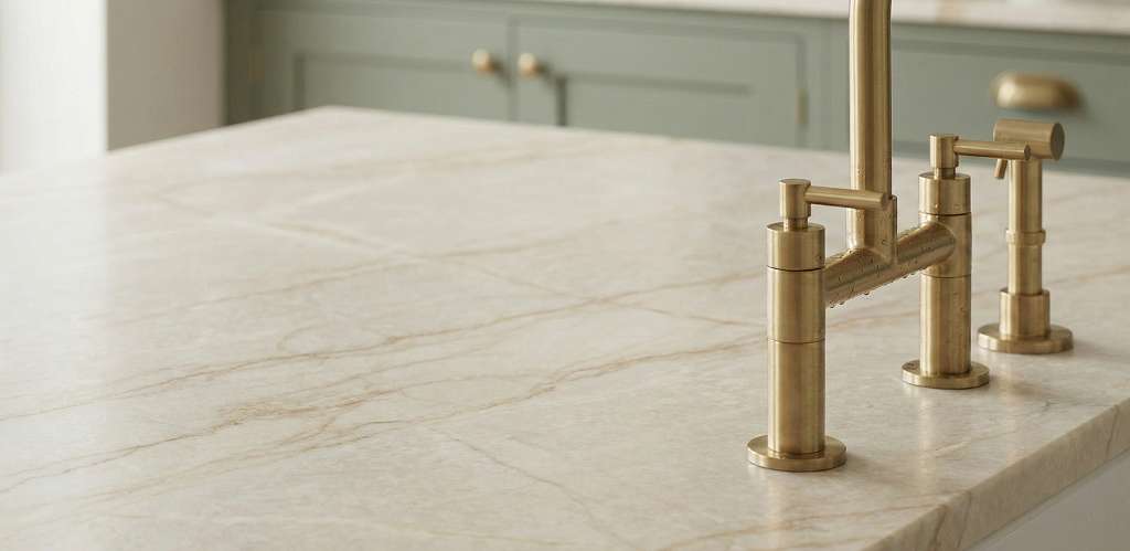 Sage green kitchen cabinets paired with brass hardware reflecting kitchen cabinet trends 2026