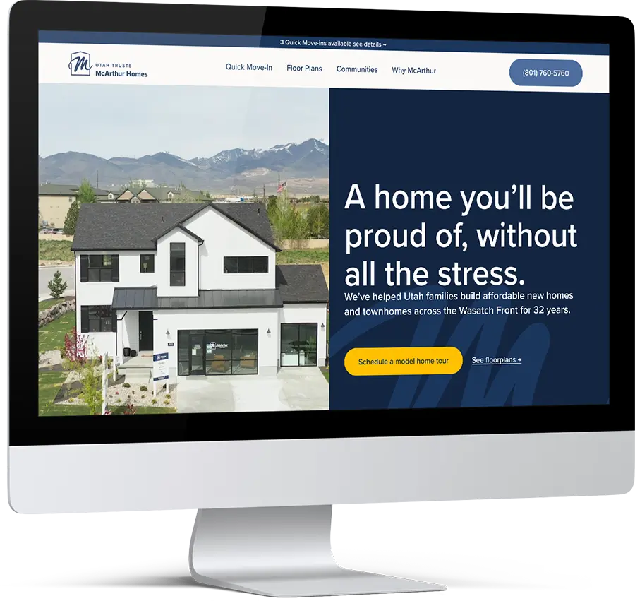 McArthur Homes website displayed on a desktop monitor, showing a modern white two-story home with mountain views and "Utah Trusts" branding.