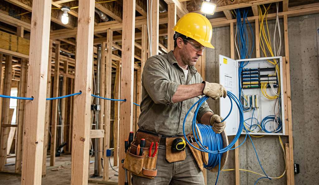 Electrician running Cat6 ethernet cable through wall studs during new home construction pre-wire phase