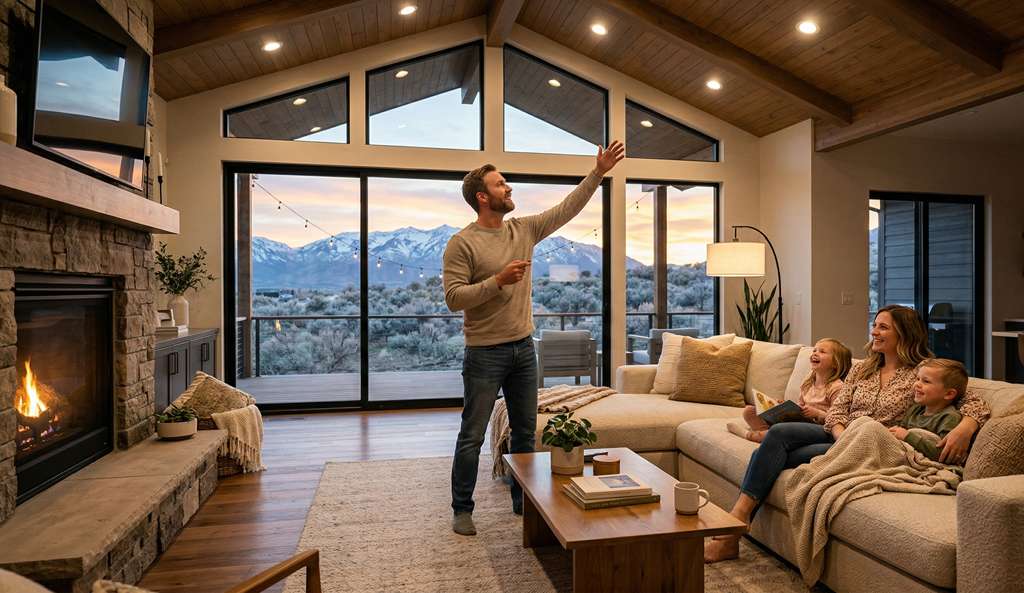 Family using voice assistant to control smart lighting in open-concept living room