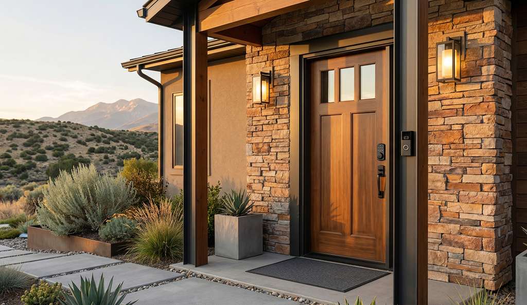 Video doorbell camera and smart lock installed on front entry door of modern Utah home