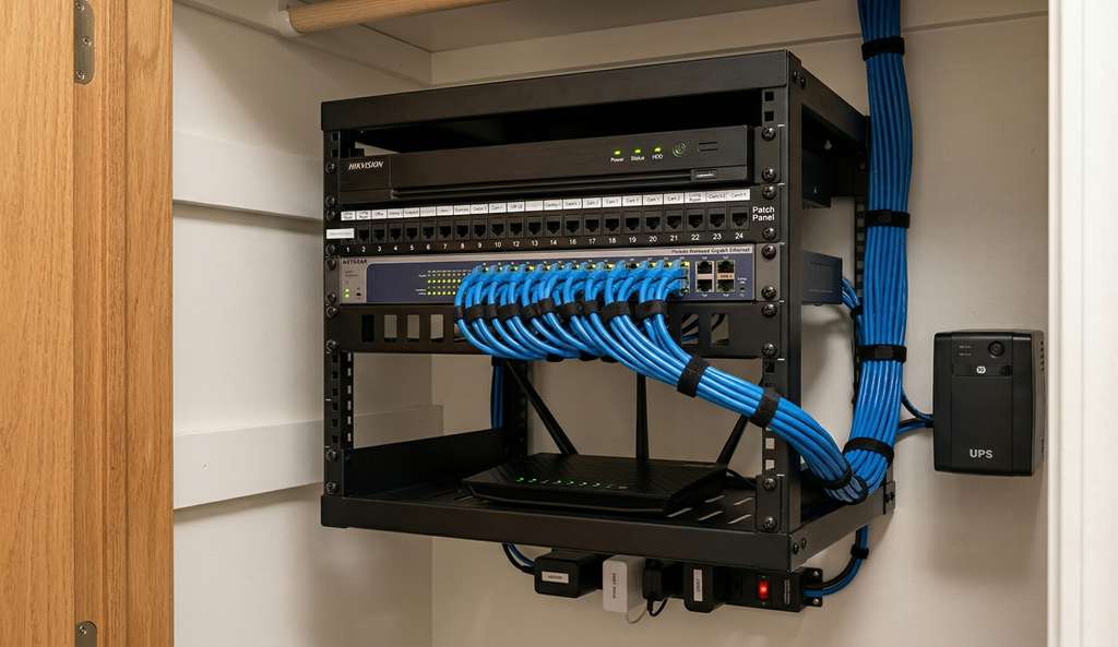 Smart home technology hub and networking equipment installed in dedicated closet with structured wiring panel