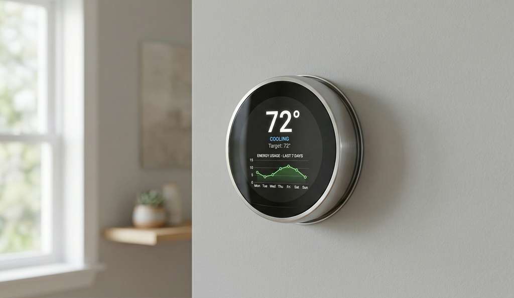 Smart thermostat displaying energy usage data mounted in hallway of new construction home