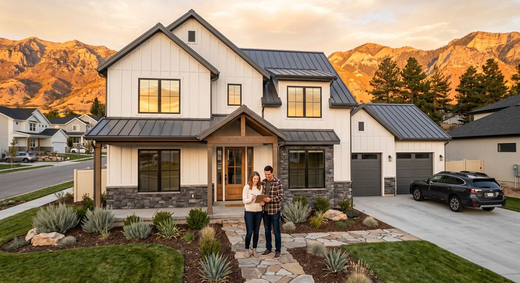 New construction home in Utah County with couple reviewing builder incentive paperwork at front door