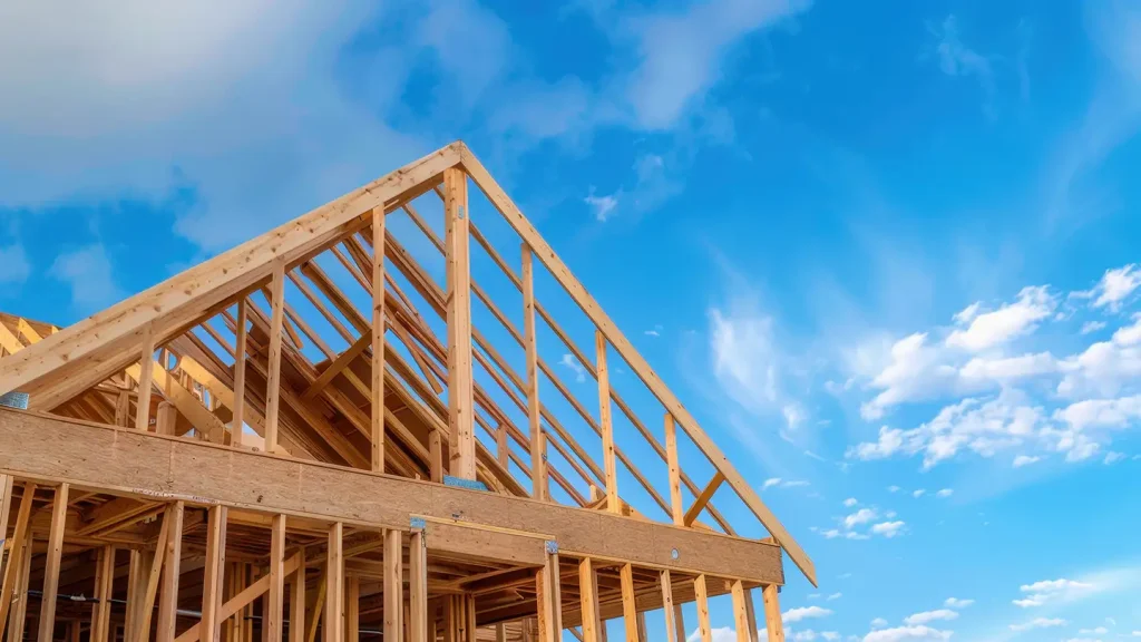 Wood framing and roof trusses of a new construction home rising against a bright blue sky with scattered wispy clouds.