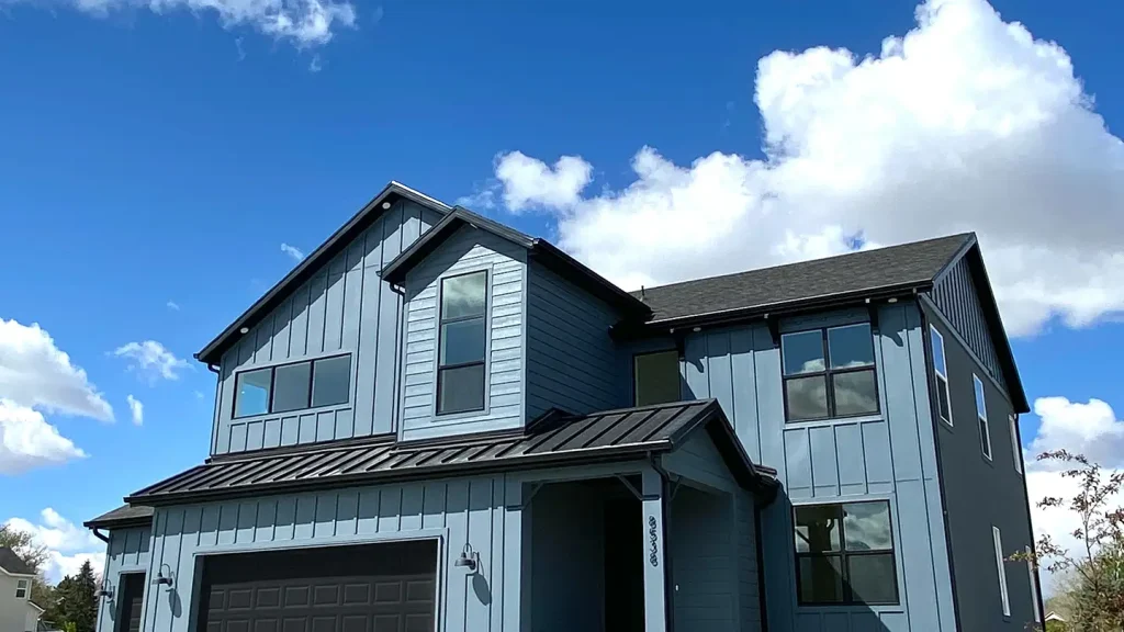 Modern two-story farmhouse with gray-blue board-and-batten siding and black metal porch roof against a cloud-filled blue sky.