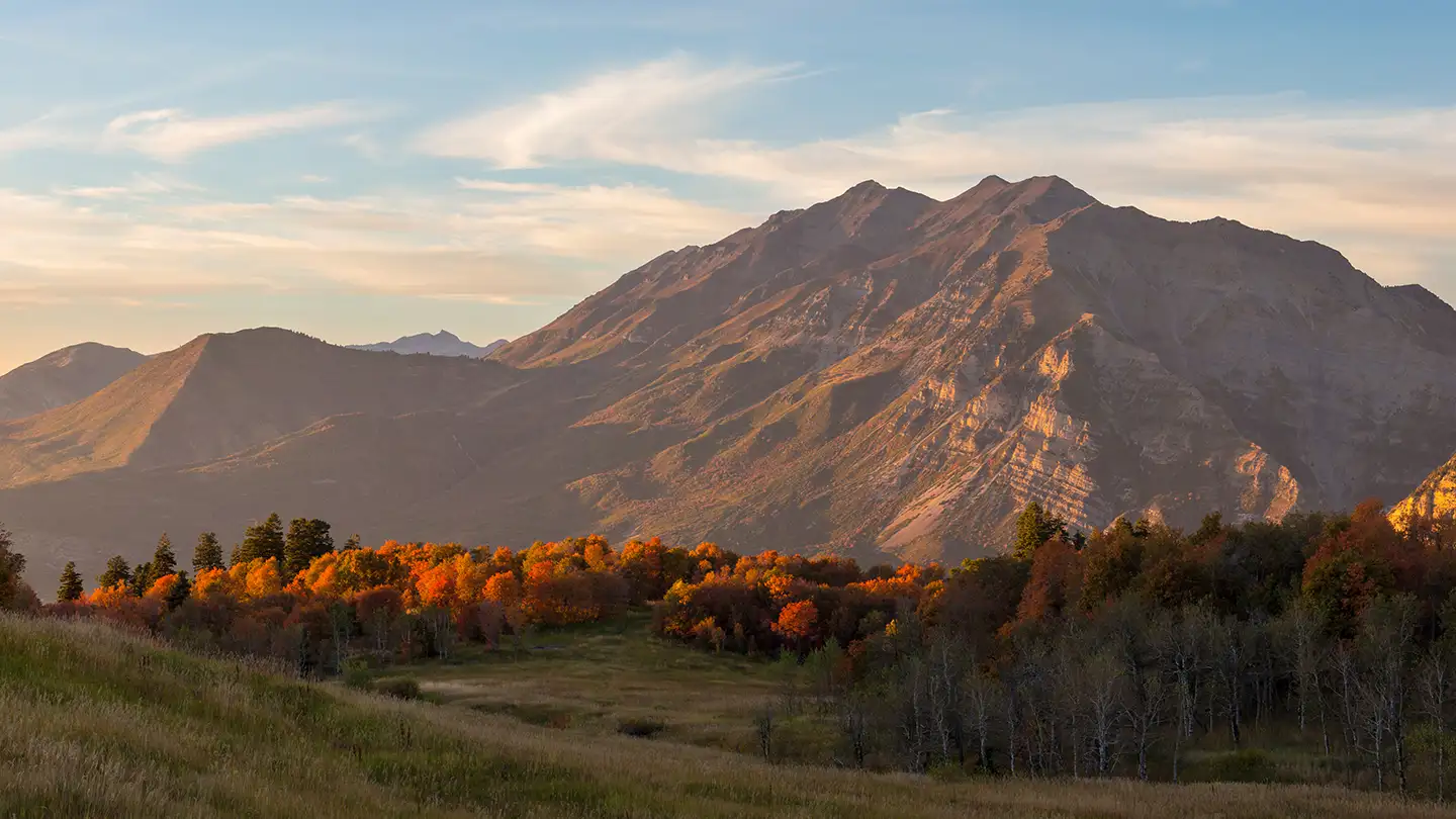 Utah mountain range at sunset with golden light on rocky peaks, vibrant orange fall foliage, and a grassy meadow in front.