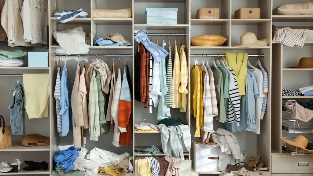 Walk-in closet with shelves and hanging rods of organized clothing, hats, shoes, and storage boxes in soft pastel tones.